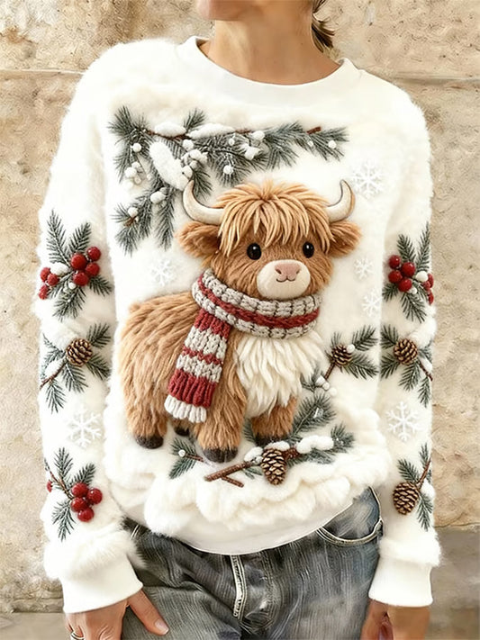 Women’s Winter Cute Highland Cow Flannel Hoodie White / S
