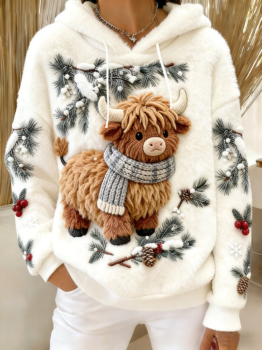 Women’s Winter Cute Highland Cow Flannel Hoodie White / S
