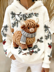 Women’s Winter Cute Highland Cow Flannel Hoodie White / S