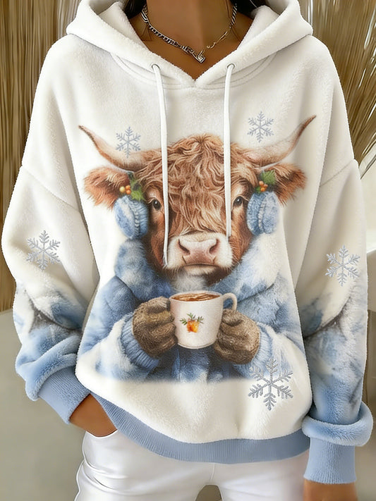 Women’s Winter Cute Highland Cow Flannel Hoodie White / S