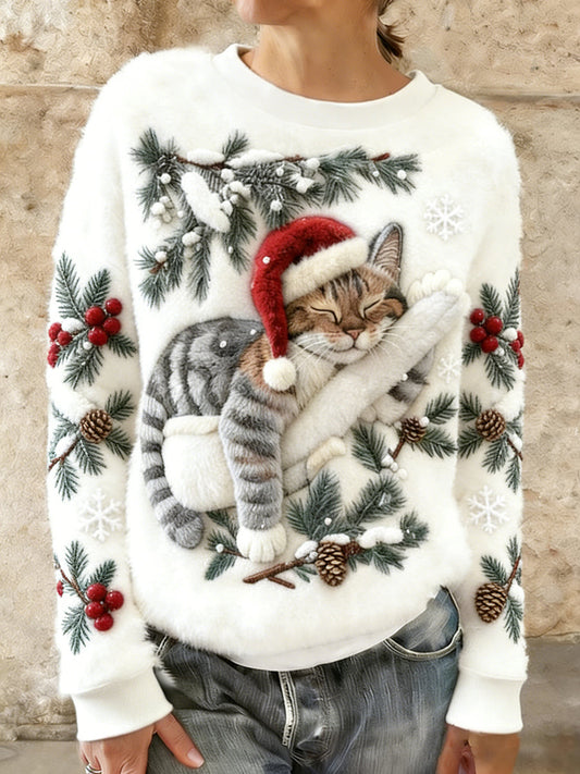 Women’s Cute Christmas Cat Art Print Casual Flannel Hoodie White / S