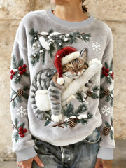 Women’s Cute Christmas Cat Art Print Casual Flannel Hoodie Light Gray / S