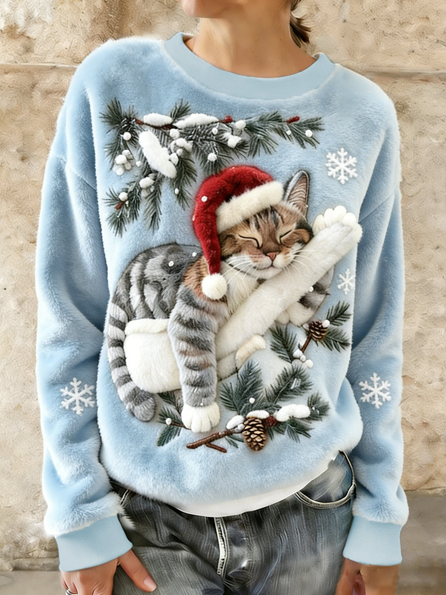 Women’s Cute Christmas Cat Art Print Casual Flannel Hoodie Light Blue / S
