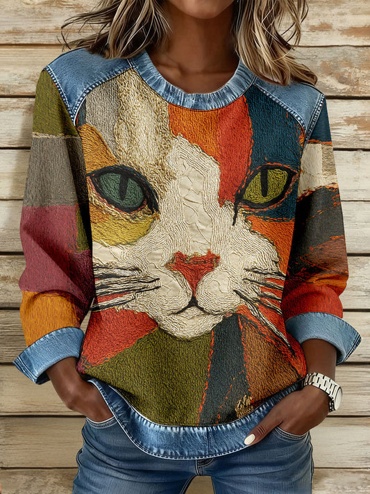 Women’s Art Geometric Cat Print Tops As picture / S