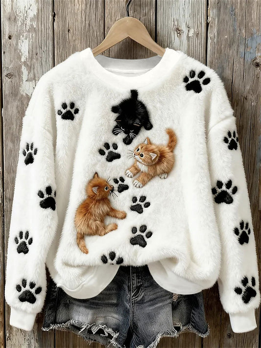 Women’s Cat Art Print Casual Top White / S