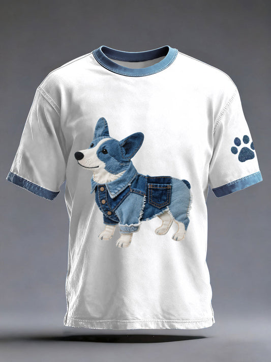 Men’s Denim Patchwork Art Corgi Dog Pattern Washed T-Shirt White / S