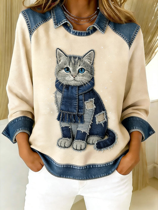 Retro Cute Cat Denim Scarf Patchwork Printed Casual Loose Long Sleeve Lapel Sweatshirt Apricot / S