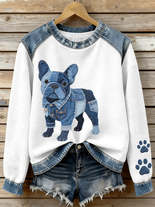 Women’s Lovely French Bulldog Pattern Denim Patchwork Waffle Sweatshirt As picture / S