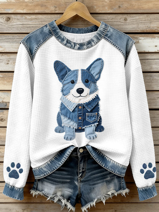 Women’s Lovely Corgi Pattern Denim Patchwork Waffle Sweatshirt As picture / S