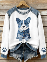 Women’s Lovely Corgi Pattern Denim Patchwork Waffle Sweatshirt As picture / S