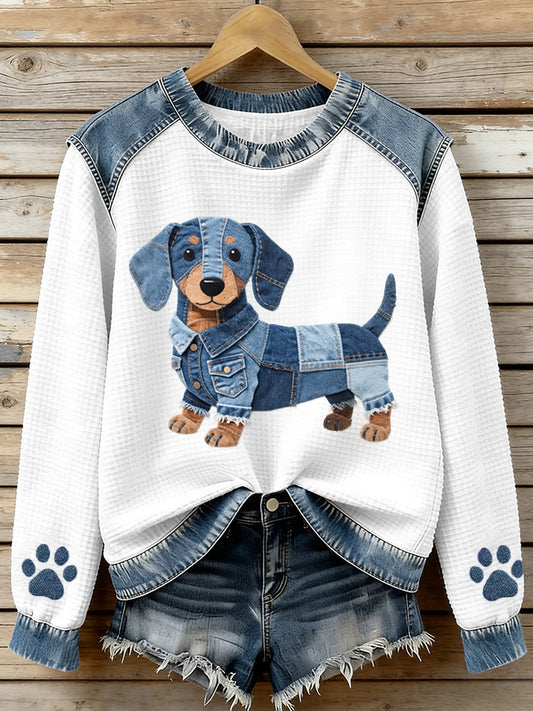 Women’s Lovely Dachshund Pattern Denim Patchwork Waffle Sweatshirt As picture / S