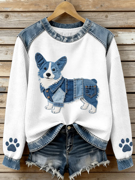 Women’s Lovely Corgi Pattern Denim Patchwork Waffle Sweatshirt As picture / S