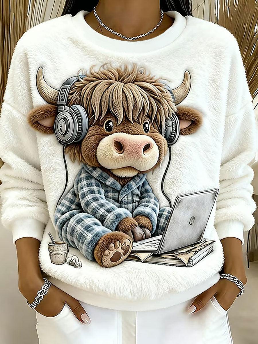 Women’s Highland Cow Art Print Casual Top White / S