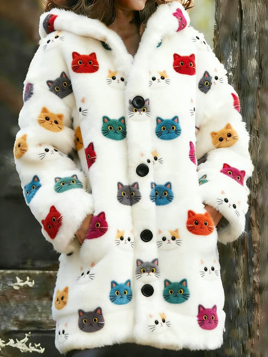 Women’s Animal Cat Print Flannel Warm Jacket White / S