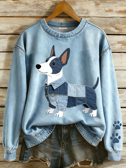Women’s Retro Denim Patchwork Animal Art Print Casual Comfort Long-Sleeve Sweatshirt A / S