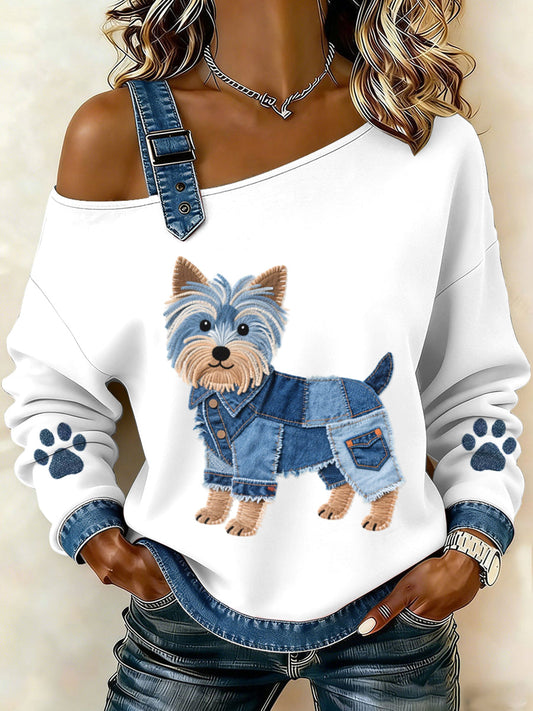 Women’s Lovely Yorkshire Terrier Pattern Denim Patchwork Top White / S