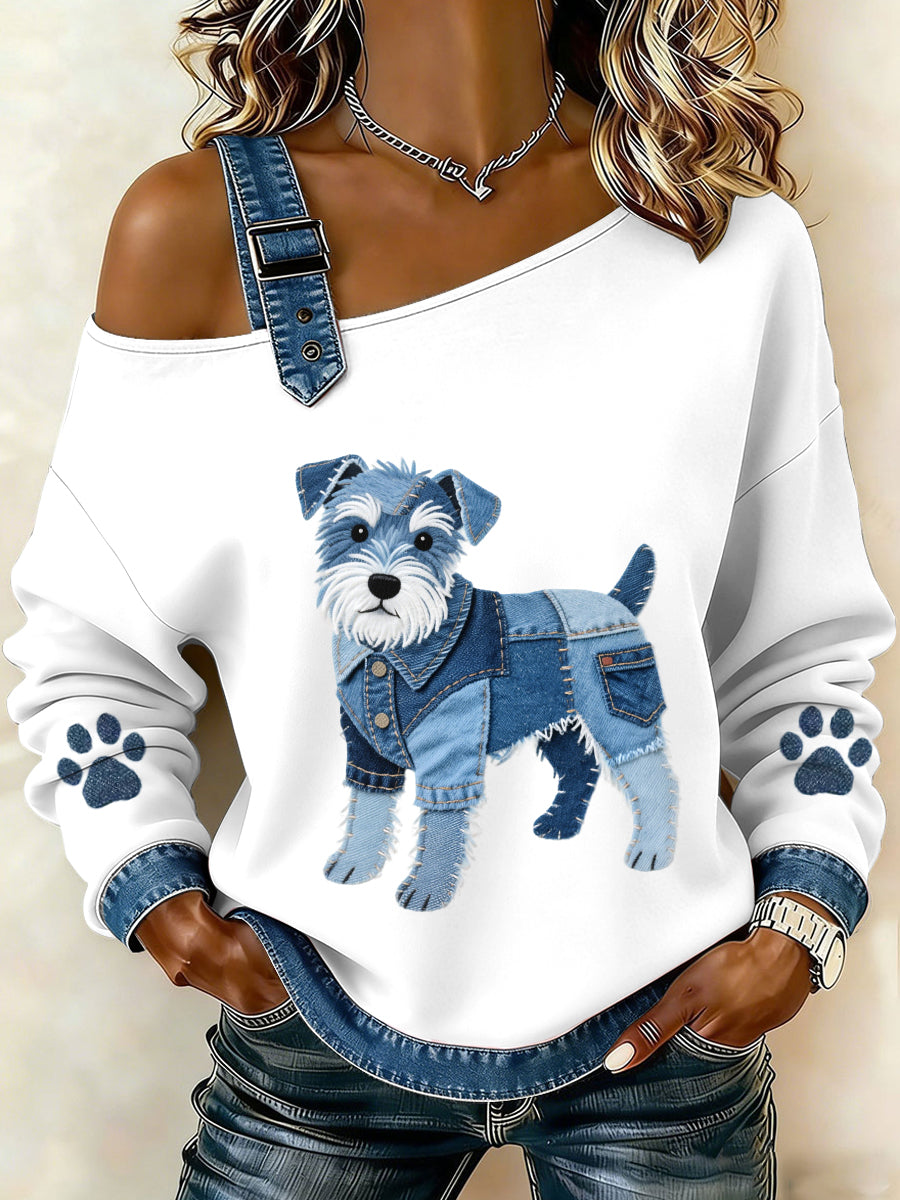 Women’s Lovely Schnauzer Dog Pattern Denim Patchwork Top White / S