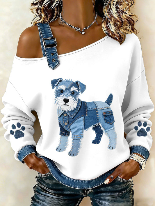Women’s Lovely Schnauzer Dog Pattern Denim Patchwork Top White / S