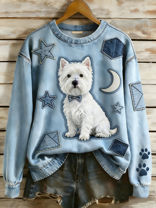 Women’s Retro Denim Patchwork Animal Art Print Casual Comfort Long-Sleeve Sweatshirt A / S