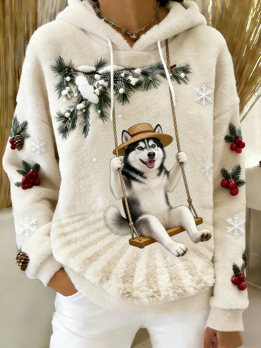 Women’s Retro Animal Art Print Comfortable Flannel Hooded Sweatshirt A / S