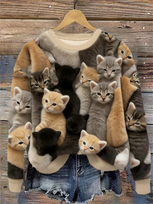 Women’s Flannel Cute Cats Print Sweatshirt As picture / S