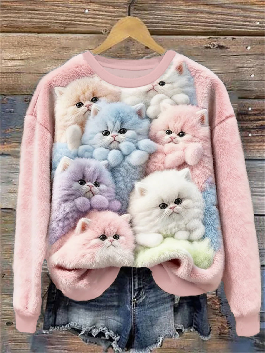 Women’s Flannel Cute Cats Print Sweatshirt Pink / S
