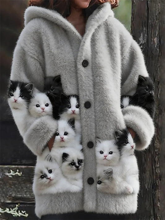 Women’s Flannel Cute Cats Print Coats As picture / S