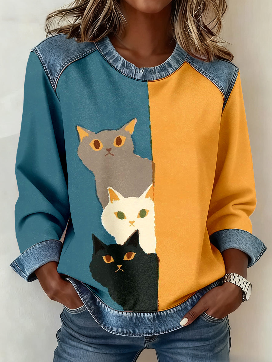 Women’s Cute Cat Print Denim Patchwork Sweatshirt As picture / S
