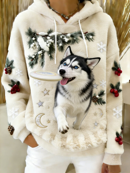 Women’s Retro Animal Art Print Comfortable Flannel Hooded Sweatshirt A / S