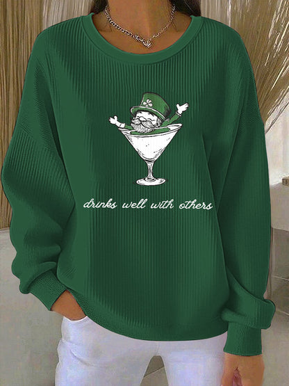 Women’s Leprechaun Martini Cocktail St Patrick’s Day Ribbed Round-Neck Sweatshirt Dark Green / S