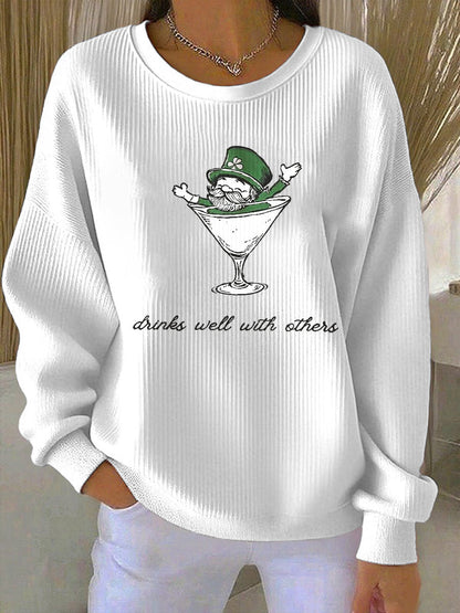 Women’s Leprechaun Martini Cocktail St Patrick’s Day Ribbed Round-Neck Sweatshirt White / S