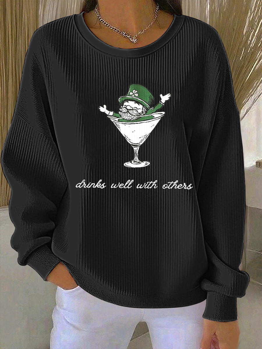 Women’s Leprechaun Martini Cocktail St Patrick’s Day Ribbed Round-Neck Sweatshirt Black / S