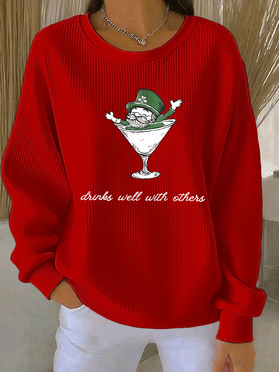Women’s Leprechaun Martini Cocktail St Patrick’s Day Ribbed Round-Neck Sweatshirt Red / S