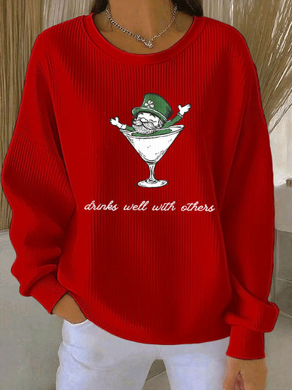 Women’s Leprechaun Martini Cocktail St Patrick’s Day Ribbed Round-Neck Sweatshirt Red / S