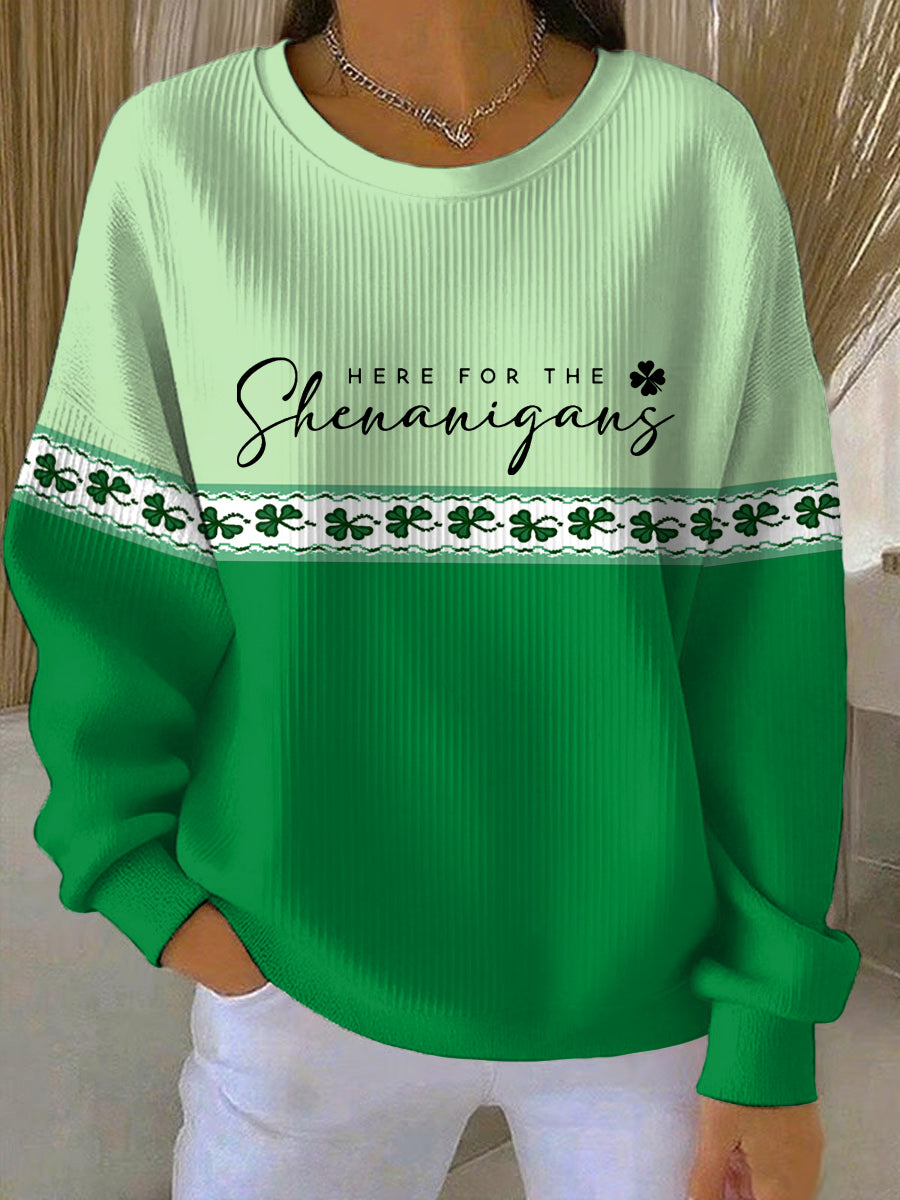 Women’s Funny St Patrick’s Day Here For The Shenanigans Shamrocks Print Casual Sweatshirt Green / S