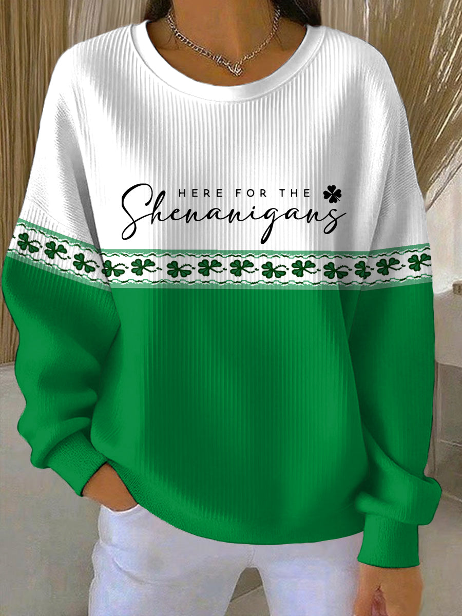 Women’s Funny St Patrick’s Day Here For The Shenanigans Shamrocks Print Casual Sweatshirt White / S
