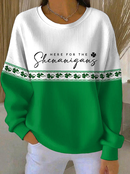 Women’s Funny St Patrick’s Day Here For The Shenanigans Shamrocks Print Casual Sweatshirt White / S