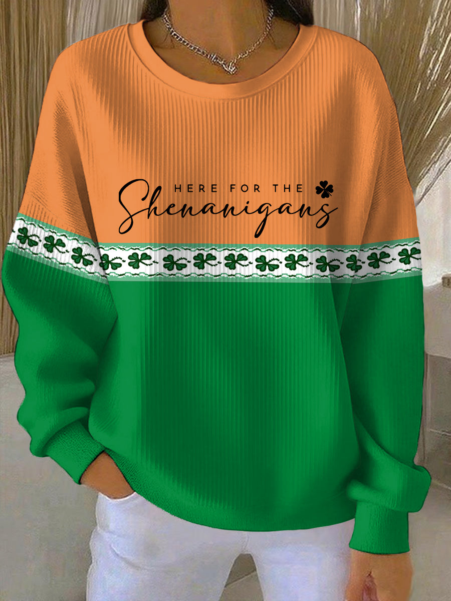 Women’s Funny St Patrick’s Day Here For The Shenanigans Shamrocks Print Casual Sweatshirt Orange / S