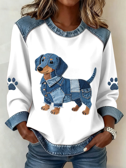 Women’s Lovely Dachshund Pattern Denim Patchwork Sweatshirt White / S