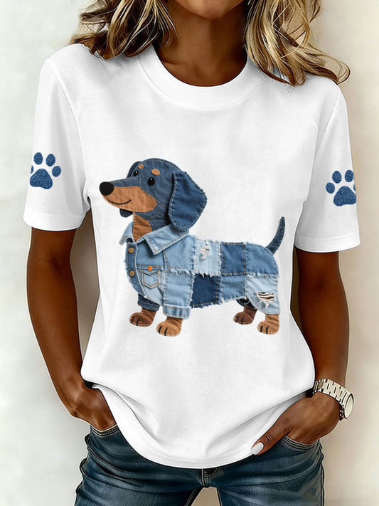 Women’s Denim Patchwork Art Dachshund Pattern T-Shirt White / S