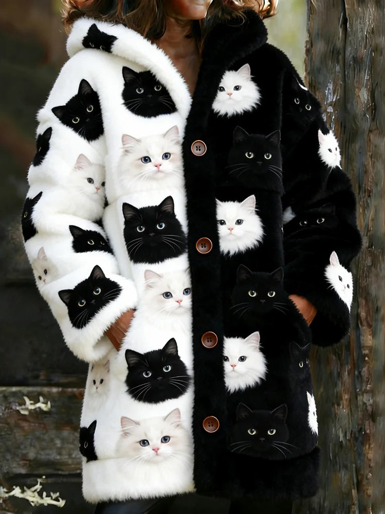 Women’s Animal Cat Print Flannel Warm Jacket As picture / S