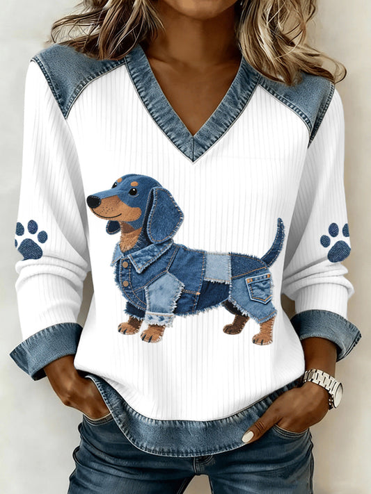 Women’s Lovely Dachshund Pattern Denim Patchwork V-Neck Top White / S