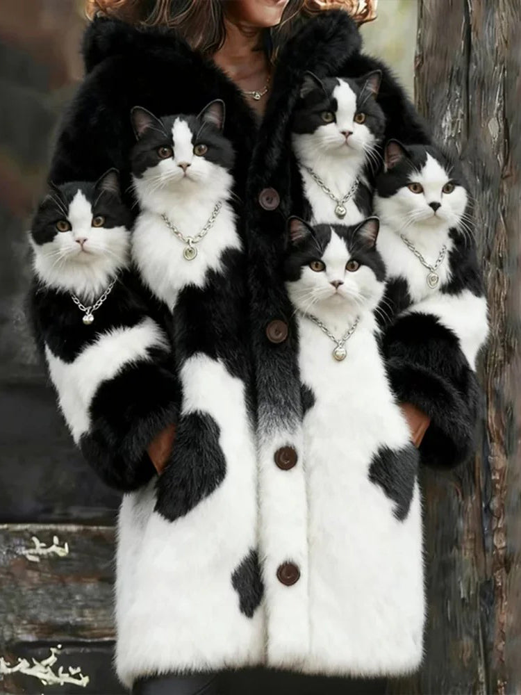 Women’s Animal Cat Print Flannel Warm Jacket As picture / S