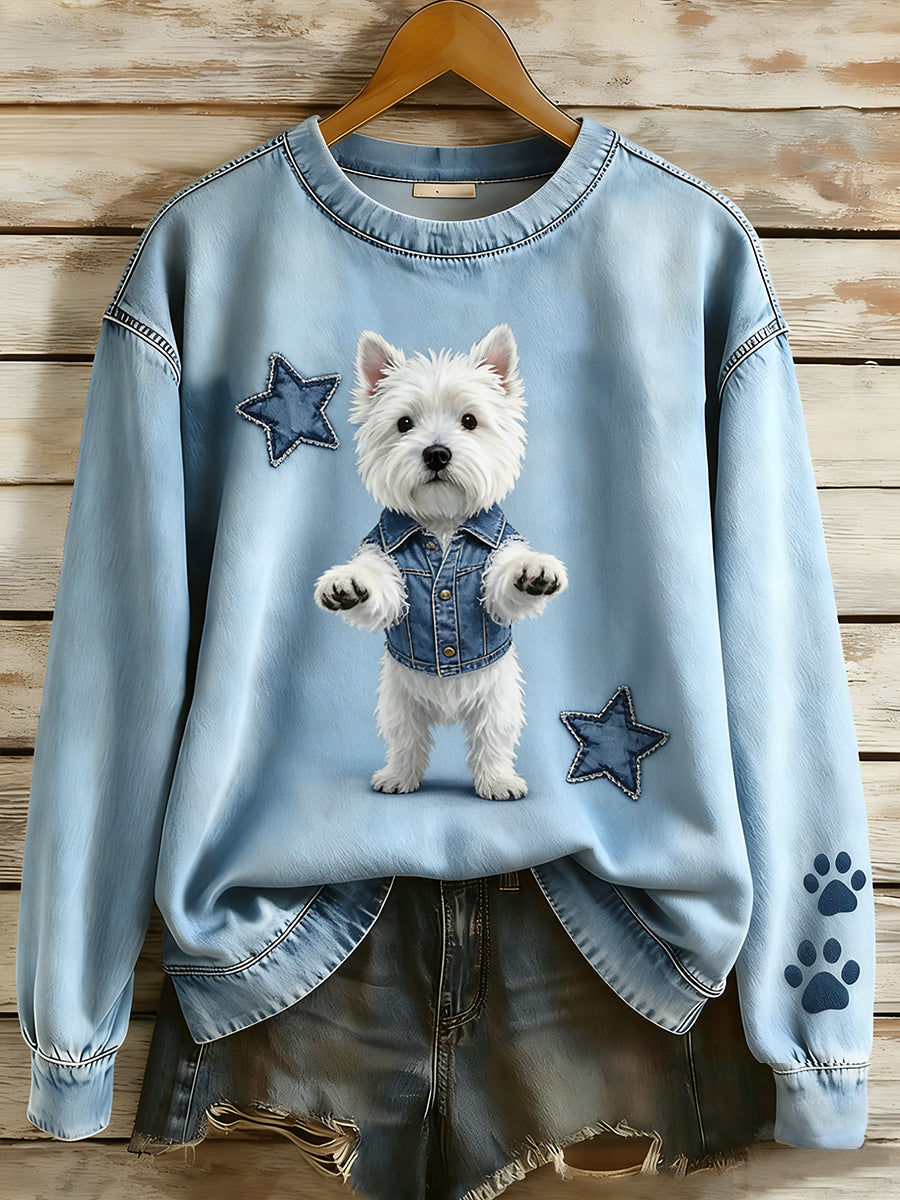Women’s Retro Denim Patchwork Animal Art Print Casual Comfort Long-Sleeve Sweatshirt A / S