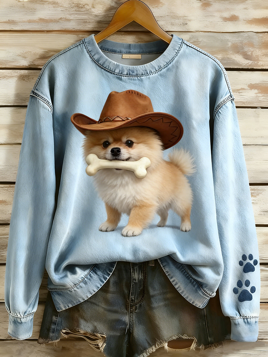 Women’s Retro Denim Patchwork Animal Art Print Casual Comfort Long-Sleeve Sweatshirt A / S
