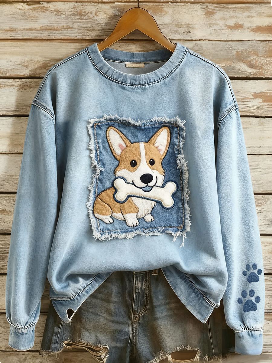Women’s Retro Denim Patchwork Animal Art Print Casual Comfort Long-Sleeve Sweatshirt A / S