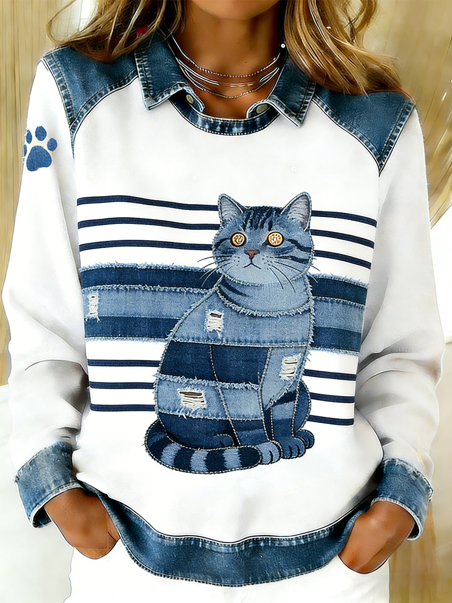Women’s Vintage Denim Patchwork Top With Animal Art Print Casual And Comfortable A / S