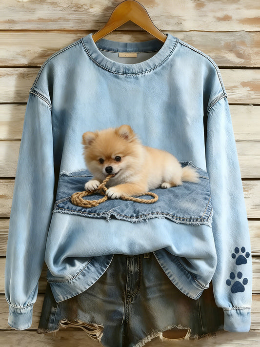 Women’s Retro Denim Patchwork Animal Art Print Casual Comfort Long-Sleeve Sweatshirt A / S