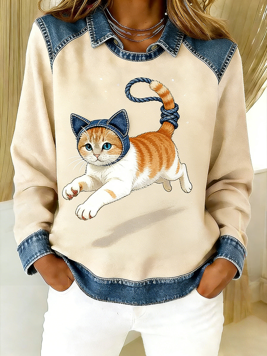 Women’s Vintage Denim Patchwork Top With Animal Art Print Casual And Comfortable A / S