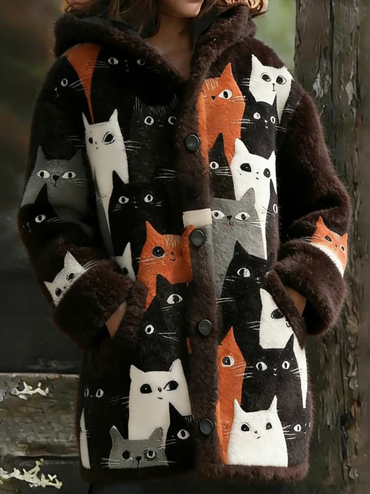 Women’s Animal Cat Print Flannel Warm Jacket As picture / S